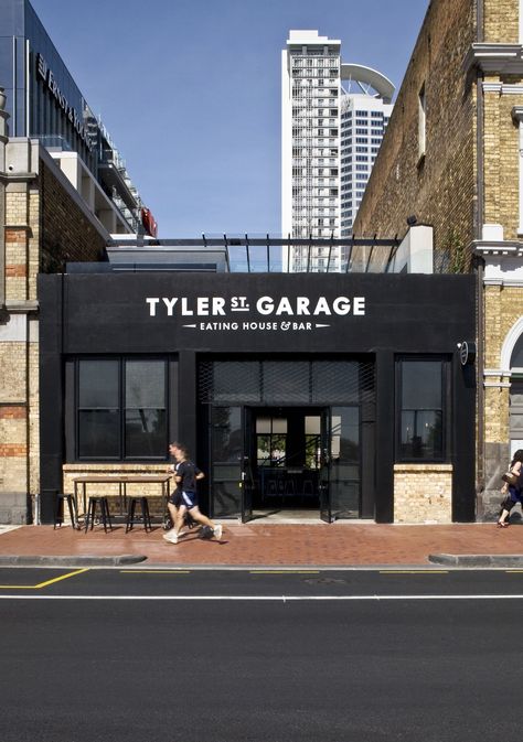 Tyler Street Garage - Exterior Kirsty Mitchell, Storefront Signage, Black Building, Restaurant Bar Design, Bar Design Awards, Storefront Design, Filled Donuts, Garage Cafe, Restaurant Marketing