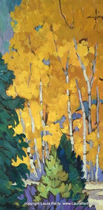 Contemporary Artists of Colorado: Colorful Colorado Aspen Tree Painting, "Aspen Awakening", by Contemporary Colorado Artist Laura Reilly Watercolor Fall Aspens, Aspen Tree Painting Acrylic, Contemporary Abstract Landscape Painting, Laura Reilly, Fall Watercolors, Aspen Landscaping, Aspen Trees Painting, Colorado Painting, Aspen Art