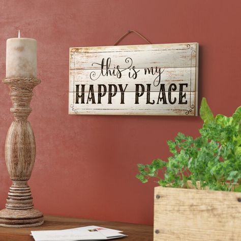 Winston Porter This Is My Happy Place Horizontal Pallet Wood Sign Wall Décor & Reviews | Wayfair Welcome To My Happy Place Signs, This Is My Happy Place Sign, Rustic Signs And Sayings, Small Wood Signs Sayings, My Happy Place Sign, House Signage, Pallet Board Signs, Signs For The Home, Spring Signs