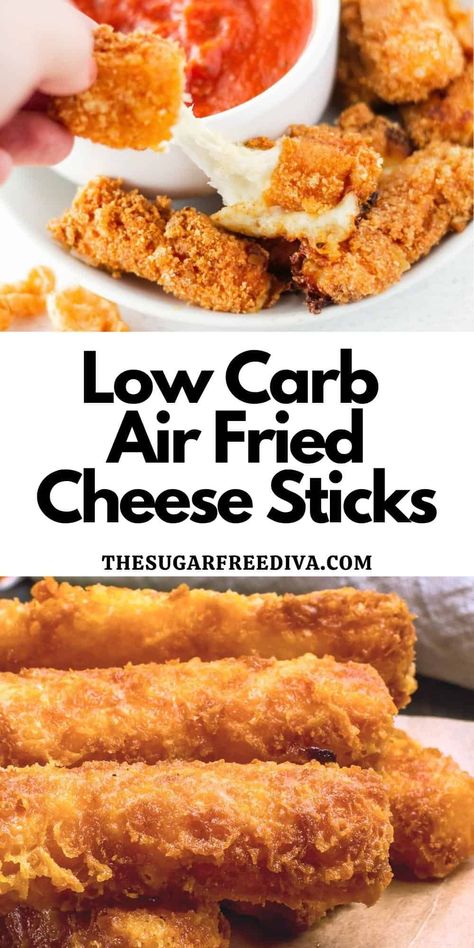 Low Carb Air Fried Cheese Sticks, an easy and delicious recipe idea for fried mozzarella sticks without the oil and carbohydrates. Air Fried Cheese, String Cheese Recipes, Homemade Cheese Sticks, Fried Mozzarella Sticks, Fried Cheese Sticks, Cheese Sticks Recipe, Air Fryer Keto, Air Fryer Recipes Keto, Fried Mozzarella