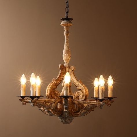 Retro French Country Carved Wood 8-Light Distressed Candle-Style Chandelier French Country Chandelier, Country Chandelier, Wood Lamp Shade, Country Candle, Rustic French Country, Candle Design, Candelabra Chandeliers, Wooden Chandelier, Wood Chandelier