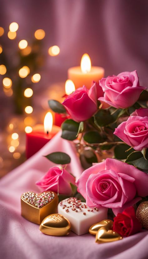 Romantic decoration - roses, candles and hearts - AI creation Prayer Aesthetic, Rose Aesthetics, Candle Light Photography, Happy Birthday Cake Images, Cute Good Night, Romantic Candles, Good Morning Prayer, Rose Fragrance, Romantic Decor