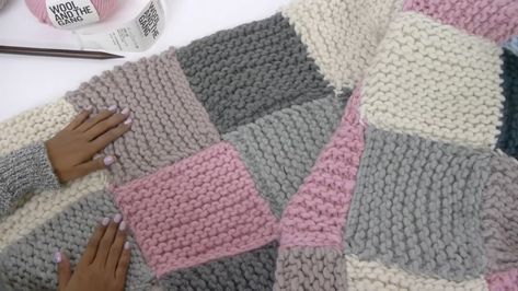 Knitting Start, Knit Patchwork Blanket, Knit Afghan Patterns Free, Knitting Patchwork, Knitted Throw Patterns, Knitted Squares Pattern, Chunky Knit Blanket Pattern, Knit Afghan Patterns, Chunky Crochet Blanket Pattern