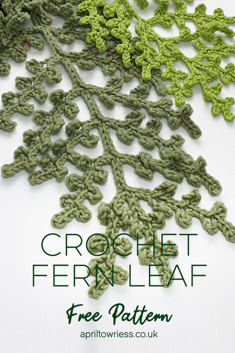 Image shows two crocheted fern leaves laying flat on a white background. Each Leaf has been created using different tones of green cotton yarn. Ginko Leaf Crochet, Crochet Plant Wall Hanging, Crochet Vines Garland, Leaf Hanging Wall Decor, Fern Leaf Crochet Pattern, Crochet Leafy Vine Pattern, Fern Crochet Pattern Free, Crochet Leaf Stem, Leave Crochet Pattern