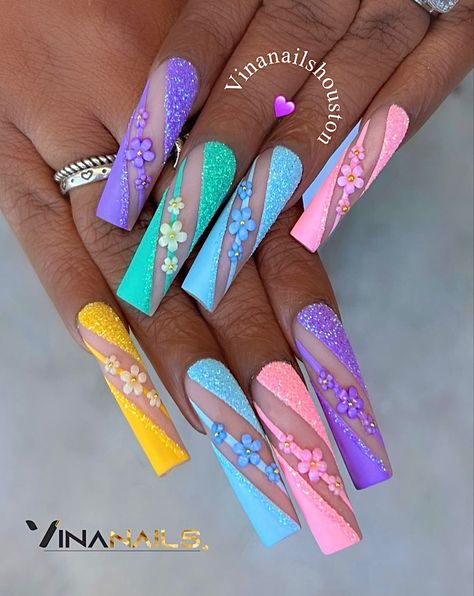 Multi Colored Nails, Multicolor Nails, Nail Growth Tips, April Nails, May Nails, Spring Acrylic Nails, Cute Nail Art Designs, Colorful Nails, Nails Design With Rhinestones