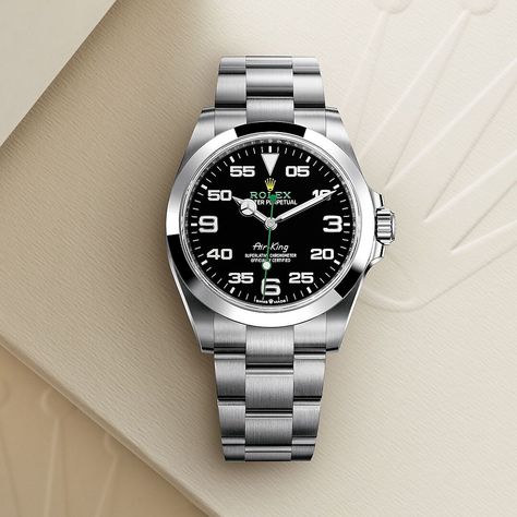 A homage to aviation. The Rolex Air-King in Oystersteel, 40 mm case, black dial, an Oyster bracelet. #Rolex #AirKing #officialRolexRetailer #AuronMerano Wayne Manor, Rolex Air King, Rolex Watches, Omega Watch, Rolex, Bracelet, Black