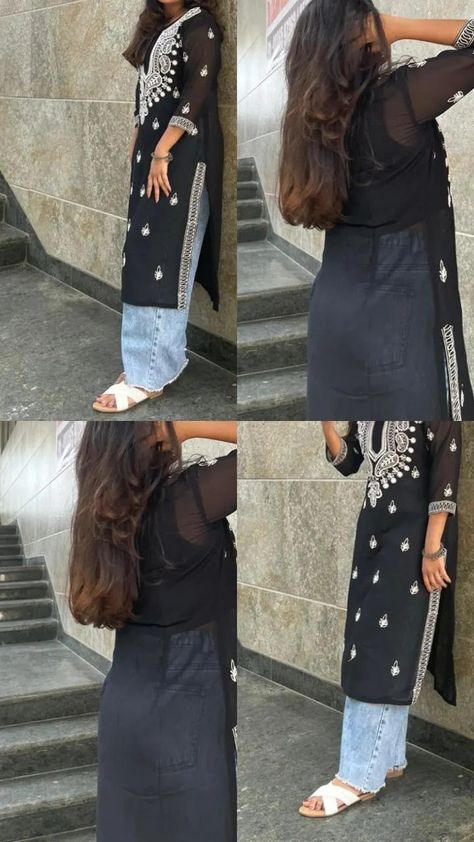 Chikankari kurti pairing with baggyy Chicken Kari Kurti Style, How To Style A Black Kurti, Black Chikankari Kurti With Jeans, Chikan Kari Kurti With Jeans, Black Kurti With Jeans Outfit, Farewell Kurti Ideas, Jeans Kurti Style Aesthetic, Chikankari Kurti With Jeans Outfit, Black Chikankari Kurta Aesthetic