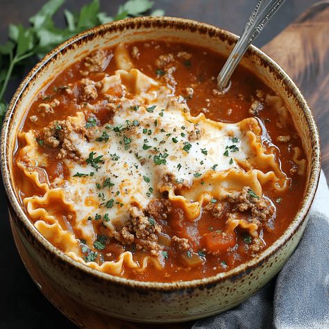 Cozy up with this hearty lasagna soup recipe, featuring tender pasta, rich tomato broth, and creamy cheese toppings. Ready in under an hour! Lasagna Soup Recipe Pioneer Woman, 10 Hour Crock Pot Recipes, Lasagna Soup Crockpot Recipes, Tiktok Lasagna Soup, Lasange Recipe Soup Crockpot, Lazana Soup Recipe, Lasagna Soup Stove Top, Lasagna Recipe Soup, Lasagne Soup Recipe