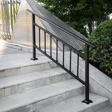 VEVOR Outdoor Stair Railing, Fits for 1-5 Steps Transitional Wrought Iron Handrail, Adjustable Exterior Stair Railing with Fence, Handrails for Concrete Steps with Installation Kit, Matte Black - - Amazon.com Steps Outdoor, Iron Railings Outdoor, Exterior Stair Railing, Outdoor Handrail, Metal Stair Railing, Outdoor Stair Railing, Wrought Iron Handrail, Step Railing, Iron Handrails