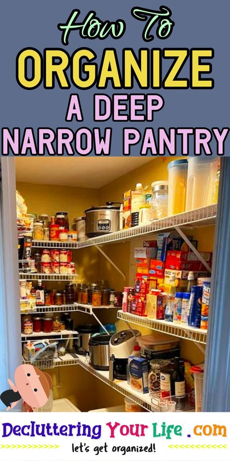 Pantry Organization-How To Organize a Deep Narrow Pantry - have an odd-shaped awkward panty that is deep and narrow with shelves? Here's genius pantry organization ideas on a budget for organizing an awkward deep pantry closet. Organize Narrow Pantry, Small Pantry Shelving Ideas Space Saving, Long Narrow Pantry Organization, Narrow Deep Pantry Ideas, U Shaped Pantry Organization, Awkward Pantry Space, How To Organize A Pantry Closet, Narrow Pantry Shelving Ideas, Small Corner Pantry Dimensions