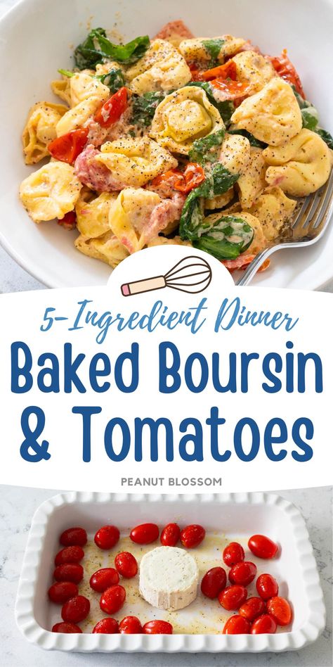 Toss cherry tomatoes and a Boursin cheese round into a dish and bake it in the oven to make a simple pasta sauce for tortellini or other short pasta shape like penne or farfalle. A handful of baby spinach adds color and more veggies for a dinner you'll love to make on a busy weeknight. Tortellini Bake With Boursin & Tomato, Tortellini With Cherry Tomatoes, Boursin Cheese Pasta Tortellini, Boursin Cheese Tortellini Spinach, Boursin Tomato Tortellini, Cherry Tomato And Boursin Cheese, Baked Cheese And Tomato Pasta, Cherry Tomato Tortellini, Dinner Cherry Tomatoes