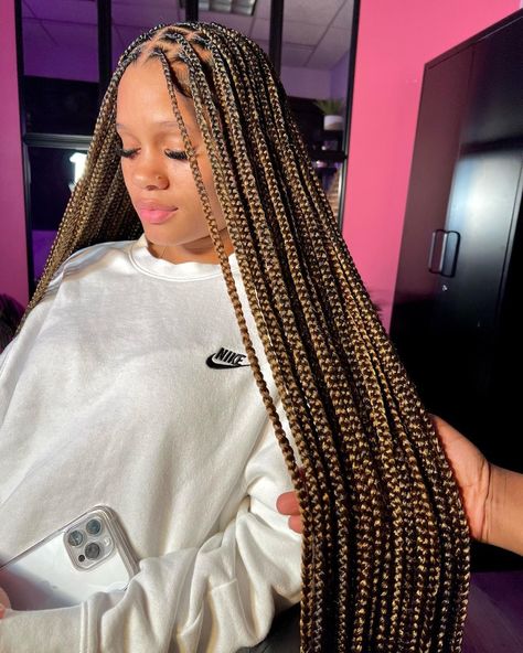 Light Brown And Black Braids, Two Color Knotless Braids, Braided Hairstyles On Natural Hair, Colored Knotless Braids For Black Women, Knotless Braids Hairstyles With Color, Knotless Box Braids With Color, Colored Knotless Braids, Hair Color Designs, Hairstyles On Natural Hair