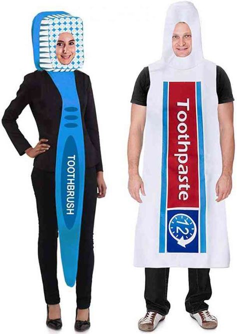 Toothbrush And Toothpaste Costume, Funny Costume Duos, Matching Halloween Costumes For Besties Funny, Funny Costume Ideas For 2 Friends, Funny Halloween Duo Costumes, Matching Halloween Costumes For 2, Toothpaste Costume, Easy Duo Halloween Costumes Bff, Toothbrush Costume