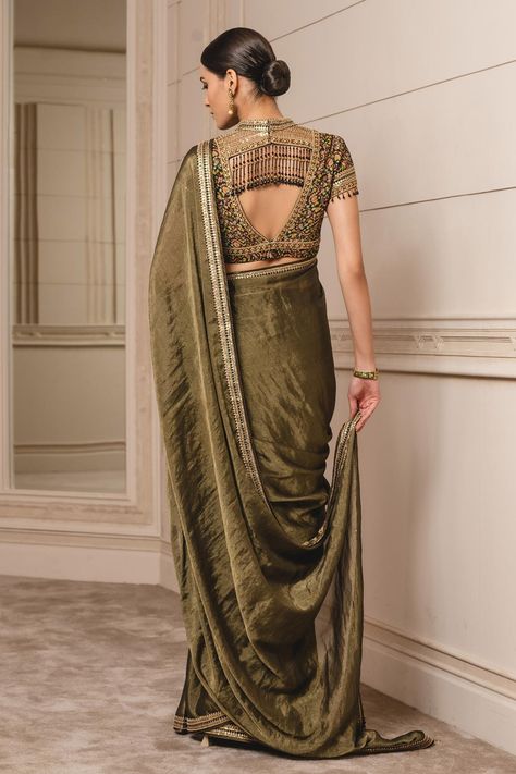 Buy Green Blouse Fabric - Silk Dupion Embroidered Border Saree With For Women by Tarun Tahiliani Online at Aza Fashions. Tarun Tahiliani Saree, Green Floral Blouse, Lehenga Designs Simple, Traditional Blouse Designs, Fashionable Saree Blouse Designs, Fancy Sarees Party Wear, New Blouse Designs, Sari Blouse Designs, Border Saree