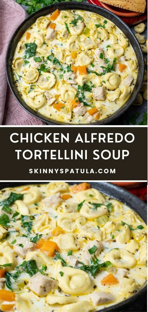 Chicken Alfredo Tortellini Soup – Skinny Spatula Tortellini Wedding Soup, Chicken Alfredo Tortellini Soup Recipe, Easy Soup Recipes Tortellini, Pioneer Woman Recipes Chicken Tortellini Soup, Mexican Tortellini Soup, Cozy Soups Recipes, Chicken Alfredo Tortellini Soup Crockpot, Chicken Tortellini Soup With Cream Cheese, Cream Tortellini Soup