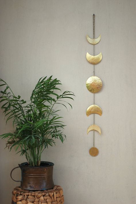 Moon Phases Wall Hanging Brass Full Moon Wall Decor by CarmelsArt Monochromatic Interior Design, Moon Mobile, Wall Art Uk, Brass Wall Hanging, Big Wall Art, Moon Wall Art, Classic Decor, Moon Phases, Of Wallpaper