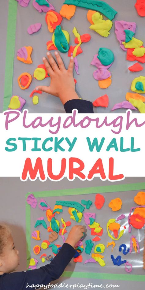 PLAYDOUGH STICKY WALL MURAL - HAPPY TODDLER PLAYTIME Easy Preschool Crafts, Sticky Wall, Art Activities For Toddlers, Playdough Activities, Learning Toys For Toddlers, Toddler Snacks, Toddler Art, Contact Paper, Fun Activities For Kids