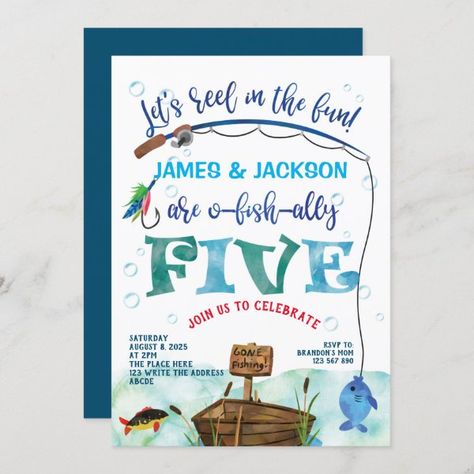 Twins O-fish-ally Little Fisherman 5th birthday Invitation Save The Date Birthday, 5th Birthday Invitation, Fishing Theme Birthday, Fishing Themed Birthday Party, Third Birthday Invitations, O Fish Ally, Chic Invitation, Twins 1st Birthdays, Fishing Birthday