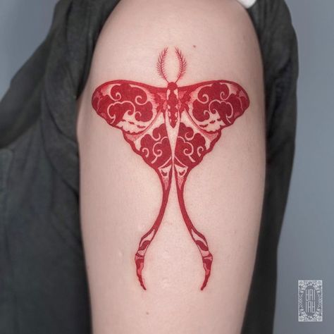 Chinese Moth Tattoo, Chinese Luna Moth Tattoo, Japanese Moth Tattoo, Chinese Moon Moth Tattoo, Matching Moth Tattoos, Red Moth Tattoo, Red Traditional Tattoo, Dark Red Tattoo, Faerie Tattoo