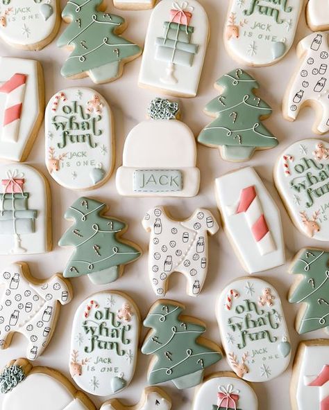 Lauren Gaughan on Instagram: "Oh What Fun, Jack is One! . . . . . #cookies #christmascookies #christmasbaking #christmastree #treegarland #christmascookiechallenge #christmascookiesfordays #christmascookie #christmasiscoming #buckscountypa #buckscountybakery #buckscountychristmas #bestofbucks #talentedcookiers #bakeoftheday #yardleypa #newtownpa #bakeoftheweek #cookiesofinstagram #customcookies #treecookies #christmasinbuckscounty #buckscountymoment #buckscountymoms #buckscountybusiness #bucksc Oh What Fun It Is To Be One Birthday Theme, Sweet One Christmas First Birthday, One Year Christmas Birthday, 1st Christmas Birthday Party Ideas, Oh What Fun It Is To Be One Cookies, Oh What Fun To Be One Birthday, First Christmas Birthday, 1st Birthday Christmas Cookies, Christmas First Birthday Cookies