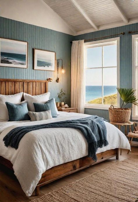 More than 25 lake house bedroom ideas that will impress you Breezy Home Decor, Themed Guest Bedrooms, Ocean Aesthetic House, Coastal Cottage Interior Design, Dark Coastal Bedroom, Sea House Interior, Dark Beach House, Coastal Bedroom Inspiration, Bedroom Ideas Ocean