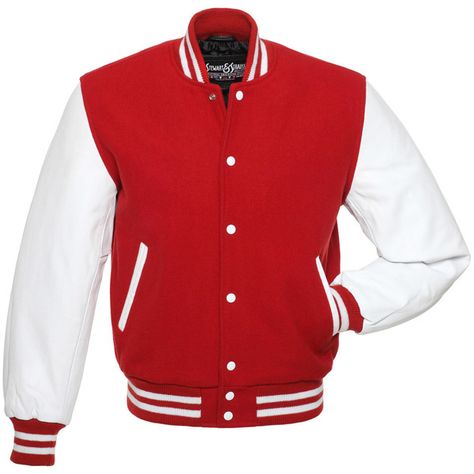 Red Wool and White Leather Letterman Jacket - C103 ($150) ❤ liked on Polyvore featuring outerwear, jackets, wool leather jacket, leather jackets, red leather jacket, white varsity jacket and white wool jacket Leather Sleeve Jacket, Leather Varsity Jackets, Varsity Letterman Jackets, College Jackets, Baseball Varsity Jacket, Leather Sleeves, Jackets Men Fashion, Letterman Jacket, Leather Sleeve