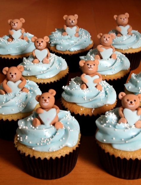 teddy bear cupcakes | Catherine Thomas | Flickr Baby Shower Girl Games, Baby Shower Girl Gifts, Baby Shower Cupcakes For Boy, Cupcakes Baby Shower, Teddy Bear Cupcakes, Teddy Bear Baby Shower Theme, Boy Baby Shower Centerpieces, Gateau Baby Shower, Bear Baby Shower Theme