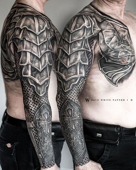 Armor Of God Forearm Tattoo, Shoulder Armor Tattoo Design For Men, Armor Sleeve Tattoo For Men, Armour Sleeve Tattoo, Medieval Armor Tattoo, Armor Forearm Tattoo, Gauntlet Tattoo Forearm, Arm Armor Tattoo, Gladiator Armor Tattoo