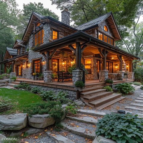 Houses In The Woods, Casas Country, Muskoka Cottage, Stone Cabin, Rustic House Plans, Stone And Wood, Stone Cottages, Dream Life House, Cabin Exterior