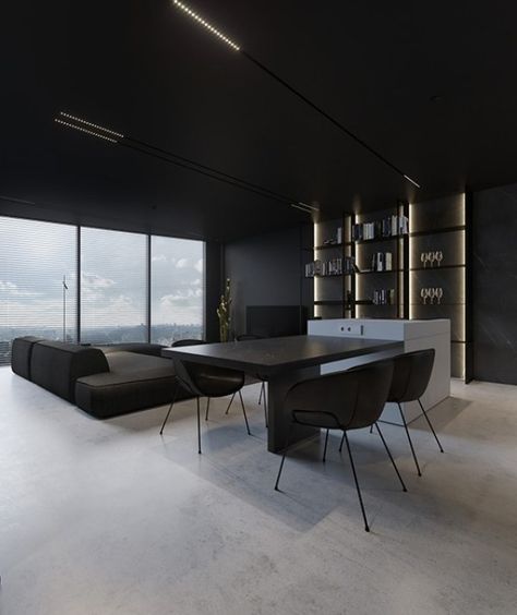 Taryan Towers Apartment 83 - Dezign Ark Modern Loft Design, Black Mode, Dark Interior Design, Dark Dining Room, Modern Living Room Interior, Home Studio Setup, H Design, Weekly Newsletter, Loft Design