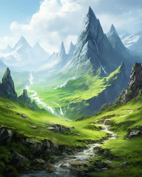 #mountains #landscape #green #fantasy Fantasy Setting Village, Environmental Art Projects, Fantasy Fields, Fantasy Village, Castle Painting, Painting Reference, Fantasy Background, Mountains Landscape, Landscape Concept