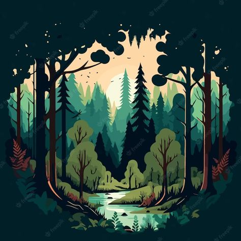 Vector Forest Illustration, Forest Cute Drawing, Forest Vector Art, Cartoon Forest Drawing, Trees Illustration Art, Forest Landscape Illustration, Forest Drawing Ideas, Forest Trees Drawing, Forest Illustration Trees