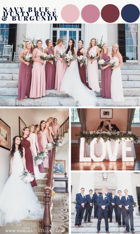 So you're thinking about choosing shades of blush and burgundy for your bridesmaids? Well, I couldn't recommend this color palette more, just look at how beautiful all these mismatched dresses turned out! Check out this post for more ideas and where to find these colors! #bridesmaids #groomsmen #weddingcolors #weddingideas #weddingplanning Navy Blue Dusty Rose And Burgundy Wedding, Burgundy And Pink Wedding Party, Dusty Rose Burgundy And Navy Wedding, Theme Colors For Weddings, Shades Of Burgundy Bridesmaid Dresses, Bridesmaid And Groomsmen Colors Colour Palettes, Bridesmaid Themes Color Schemes, Bridesmaid Colour Palette, Shades Of Pink Wedding Colour Palettes