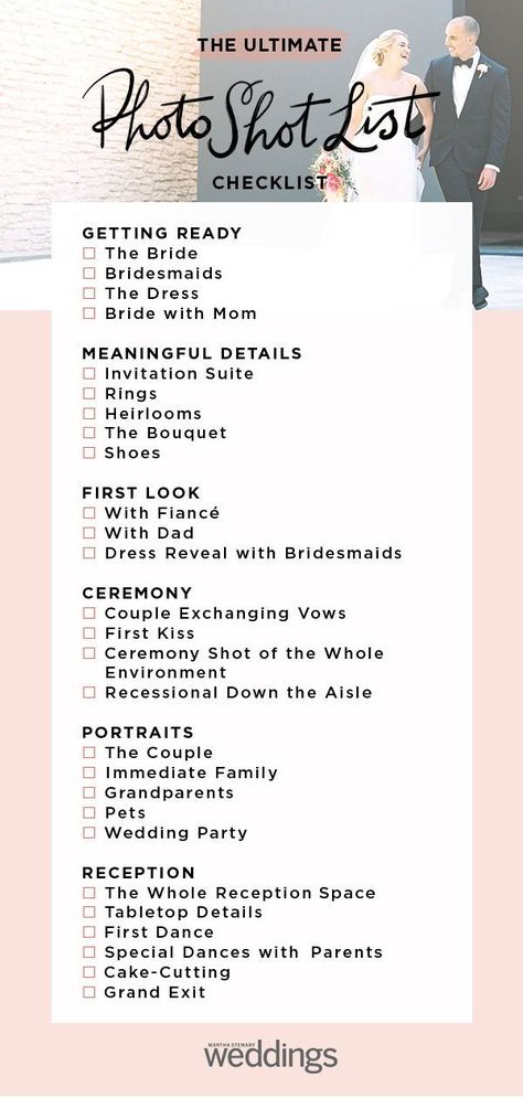 Martha Stewart Weddings has created a printable checklist for the perfect Wedding Photo Shot List checklist. Click to read more! #MarthaStewartWedding #Photography #Photos #Weddings #BestPictures #WeddingIdeas | Martha Stewart Weddings - The Ultimate Photo Shot List Checklist How To Take Your Own Wedding Photos, Must Wedding Photos, How To Take Good Wedding Pictures Photo Tips, Wedding Photoshoot Checklist, Wedding Lists Checklist, Wedding Photos List For Photographer, Engagement Photo Checklist, Wedding Photo Checklist Printable, Wedding Shoot List