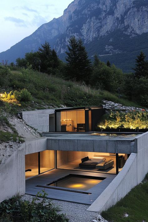 Modern house in a slope underground with stunning mountain view. Check out these innovative modern houses on a slope that make the most of the terrain, turning challenges into stunning architectural features. Steep Terrain House, House Slope Design, Modern Underground Homes, Buildings Built Into Hillsides, House On Slope Architecture, House Built Into Mountain, Modern Mountain Mansion, Houses On A Slope, Modern Mountain House Exterior