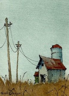 Farm Background Drawing, Watercolor Powerlines, Fall Scene Drawing, Rural Drawing, Rural Sketch, Line And Wash Watercolor Sketches, Shed Drawing, Nature Drawing Ideas, Peter Sheeler