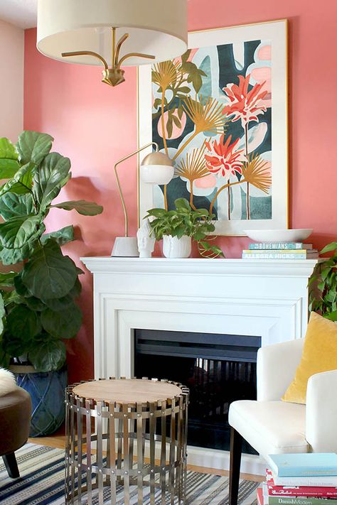 Beautiful semi-abstract art by Nancy Ramirez of Cozamia. Coral living room wall, white fireplace. As featured on Better Homes & Garden, BHG Coral Accent Wall, Coral Living Room, Coral Living Rooms, Coral Room, Spring Living Room Decor, Livng Room, Orange Couch, Art Collaboration, Spring Living Room