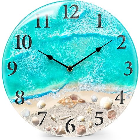 Faster shipping. Better service Nautical Wall Clock, Surf Room Decor, Ocean Themed Rooms, Ocean Room Decor, Ocean Bedroom, Beachy Room Decor, Beach Seashells, Decorative Clock, Glass Wall Clock