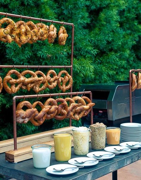 6 "Don't Forget" Details to Make Your Grad Party a Total Standout - Raising Teens Today Reception Food Station, Wedding Reception Food Stations, Food Station Ideas, Vegan Wedding Food, Wedding Pretzels, Grad Party Food, Wedding Buffet Food, Pretzel Bars, Wedding Food Stations