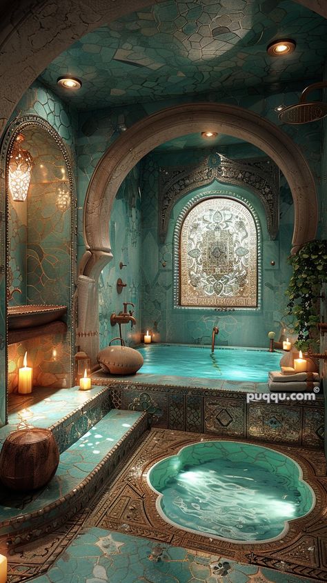 Moroccan Style Bathroom Design Ideas - Puqqu Bohemian Bathrooms, Moroccan Style Bathroom, Moroccan Inspired Bathroom, Book Locations, Moroccan Bathroom, Bohemian Bathroom, زجاج ملون, Fantasy Homes, Style Bathroom