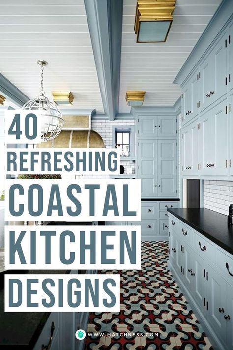 The fresh blue color scheme can bring the spirit of summer to your home. Anyway, when you commonly only consider applying the awesome design style to your living room or bedroom, then it’s time to give your effort to make your kitchen valuable too. Let’s apply the coastal design for your kitchen makeover. #coastalkitchen #kitchendesign #summerkitchen #summerdecor Cute Beach House Kitchen, Seaside Kitchens Coastal Style, Small Coastal Kitchen Design, Coastal Kitchen Renovation, Kitchen Beach Style, Cozy Beach House Kitchen, Coastal Blue Cabinets, Coastal Blue Kitchen Cabinets, Coastal Farmhouse Interior Design