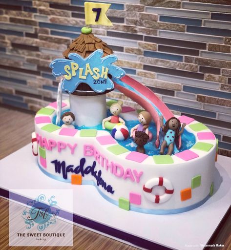 Waterslide Cake Ideas, Water Slide Birthday Cake, Water Park Cake, Waterpark Cake, Pool Theme Cake, Waterslide Cake, Water Themed Birthday Party, Swimming Pool Cakes, Pool Party Birthday Cake