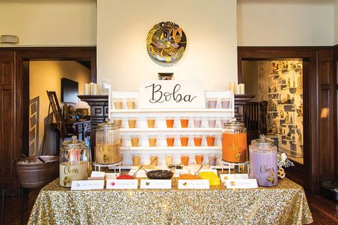 Boba Bridal Party, Bubble Tea Stand Wedding, Bubble Tea Wedding Bar, Boba Tea Wedding, Build Your Own Boba Bar, Boba Station Wedding, Boba Bar Station Diy, Boba Station Party, Boba Bar Wedding