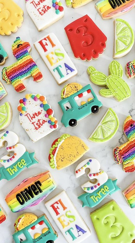 Fiesta Birthday Cookies, Three Esta Birthday Party, Fiesta Cookies, Three Esta, Pj Ideas, Royal Icing Sugar Cookies, Third Birthday Girl, Mexican Cookies, Cookies Decoration