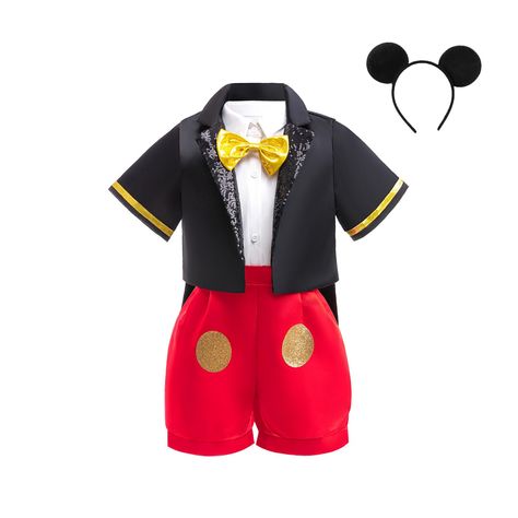 PRICES MAY VARY. 【4PCS Short-sleeved tuxedo Set 】 Boys 2T-10 years old fashion Mouse cosplay set, Kids Gentleman tuxedo set, Birthday Mouse set, Halloween dress up costume set includes: black short-sleeved tuxedo coat + white shirt with bow tie + halter shorts + Mouse ear headband. mickey outfits for boys mouse costume; 【Smart bow Tie slim-fit】Short sleeve lapel jacket with gold trim in black, kids' version of evening dress, white shirt neckline with gold cute bow tie, red suspenders with classi Mickey Mouse Group Costume, Mickey Mouse Costume Toddler, Toddler Mickey Mouse Costume, Mickey Mouse Toddler Costume, Suit Costume Halloween, Mouse Cosplay, Pretend Play Costumes, Mickey Shorts, Red Suspenders