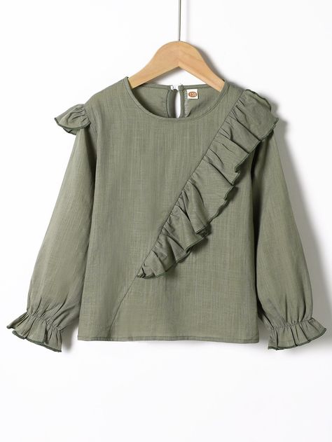 Army Green Cute  Long Sleeve Cotton Plain Top Embellished Non-Stretch Spring/Fall Girls Clothing Girls Shirts Design, Plain Shirt Design, Tops With Ruffles, Ruffle Dress Outfit, Girls Top Design, Blouse Casual Fashion, Green Cute