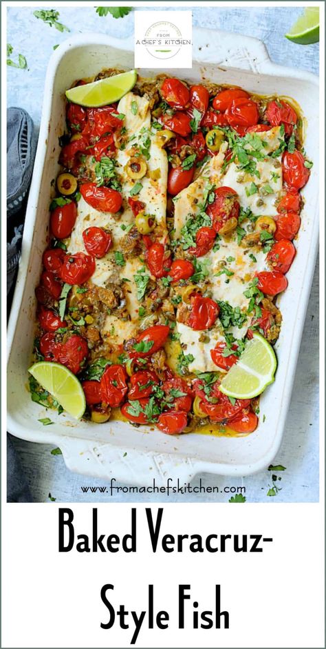 Baked Veracruz-Style Fish (Pescado A La Veracruzana) is an easy, light, colorful and super-flavorful dish perfect for a weeknight or date night! This classic dish will add tons of flavor to your next meal with sweet grape tomatoes, olives, capers, raisins and jalapenos! #fish #fishveracruz #veracruzstylefish #healthymeals #healthydinners Easy Fish Dinners, Baked Catfish, Seared Fish, Cherry Tomato Salad, Baked Fish Recipes, Mouthwatering Food, Asian Vegetables, Chef's Kitchen, Summer Appetizer