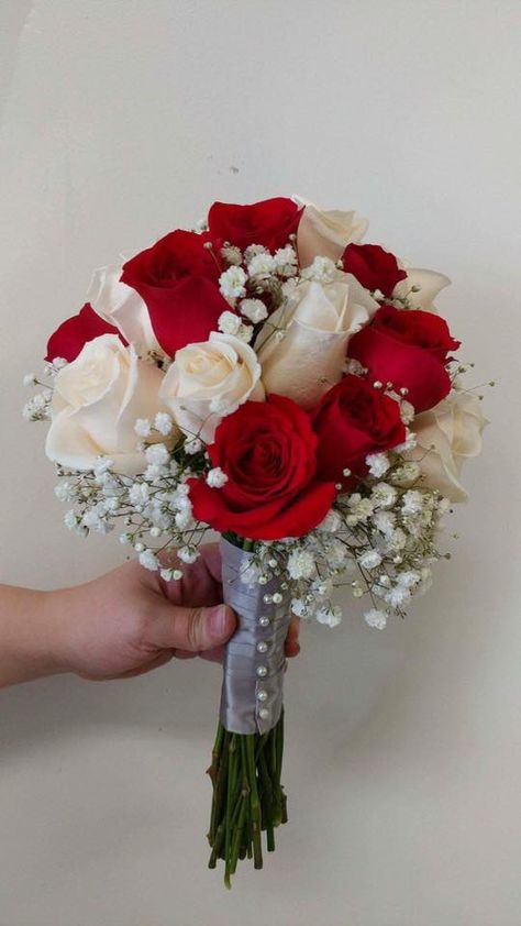 Red and white roses with babies breath bridal bouquet. Red Rose Bouquet Wedding, Prom Flowers Bouquet, Red Flower Bouquet, Homecoming Flowers, Red Bridal Bouquet, Prom Bouquet, White Flower Bouquet, Red And White Weddings, White Rose Bouquet