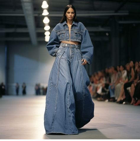 Oversized Denim Jumpsuit, Denim On The Runway, Denim High Fashion, Denim On Denim Outfit Winter, Denim Fashion Runway, Denim Top Outfit, Denim Runway, Denim Editorial, Double Denim Looks