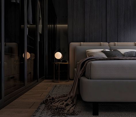 Dark Masculine Bedroom, Music Inspired Bedroom, Modern Masculine Bedroom, Low Ceiling Bedroom, Bedroom Decor Contemporary, Masculine Apartment, Masculine Bedroom Decor, Moody Interior Design, Moody Bedroom Ideas